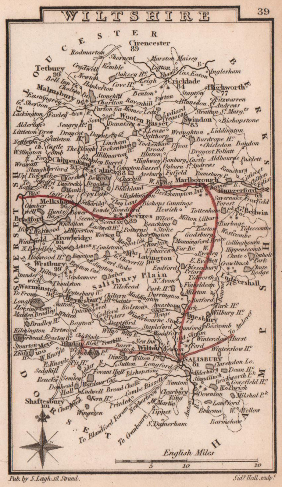 Wiltshire miniature county map by Samuel Leigh / Sidney Hall c1820 old